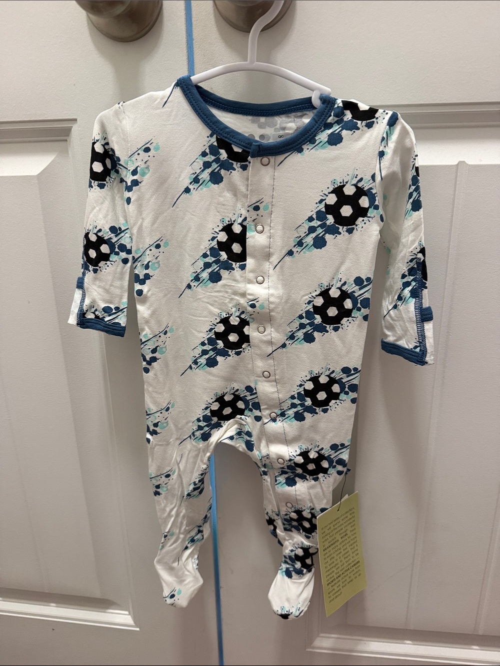 Kickee Pants White Footed One-Piece with Blue and Black Soccer Print